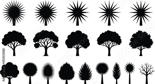 Large collection of black tree silhouettes and geometric plant icons featuring diverse leaf shapes palms evergreen pines and bare branches for nature landscape graphic design