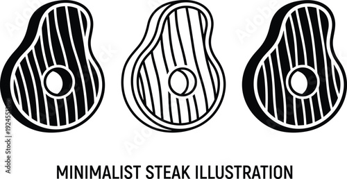 Isometric raw beef steak vector icons set with minimalist black and white line art illustration of meat cuts for butcher shop restaurant menu