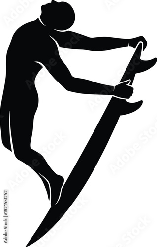 Active surfer silhouette performing an athletic air maneuver while holding a surfboard against a white background, perfect for summer sports lifestyle and ocean adventure vector designs.