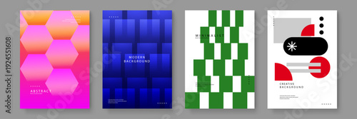 Set of four diverse graphic posters including pink hexagons blue grids green pixels and red bauhaus elements for versatile design projects