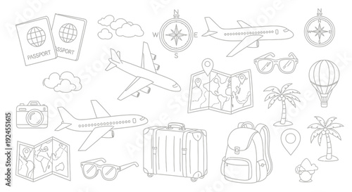 Travel and tourism themed doodle set with airplanes, passports, maps, and luggage.