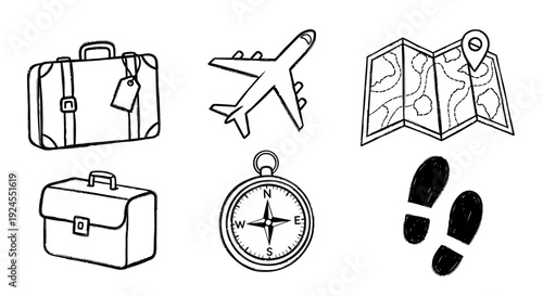 Travel Essentials - Suitcase, Airplane, Map, Compass, Footprints for Adventure.