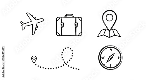 Travel icons representing journey, adventure, and exploration concepts for vacation planning.