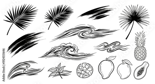 Tropical Elements - Palm Leaves, Waves, and Exotic Fruits in Black and White.