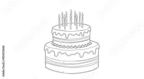 Two Tier Birthday Cake with Candles Line Art Drawing.