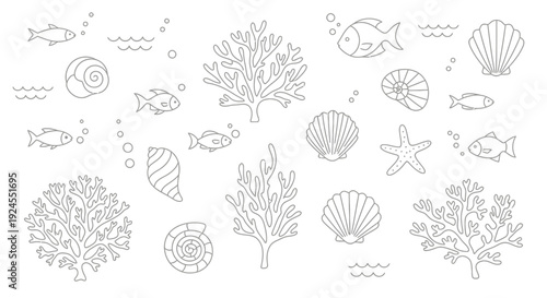 Underwater World - Outlined Marine Life and Coral Reef Elements.