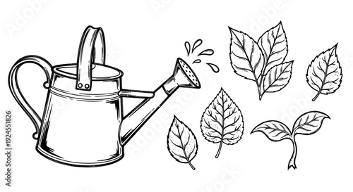 Watering Can and Various Leaves Line Art Illustration.