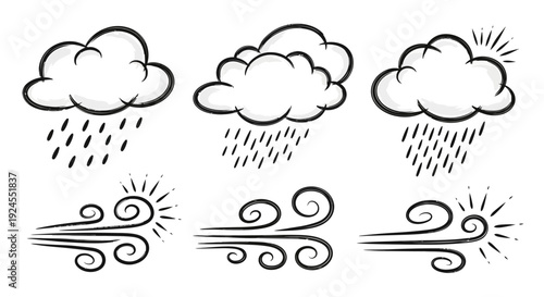 Weather elements illustration featuring clouds rain and wind symbols in black and white.