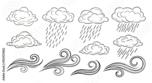 Weather elements illustration featuring clouds rain and wind symbols.