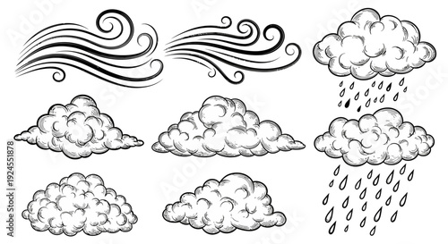 Weather Elements - Clouds, Rain, and Wind Illustrations.