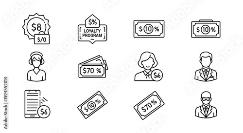 Loyalty Program Line Icon Set with Points Rewards Cashback and Customer Retention Symbols