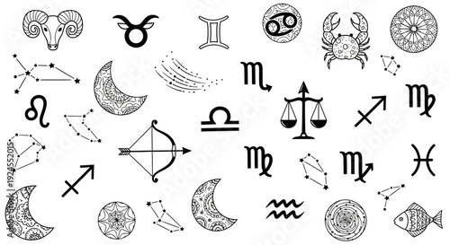 Zodiac Signs and Constellations - A Celestial Collection of Astrological Symbols.