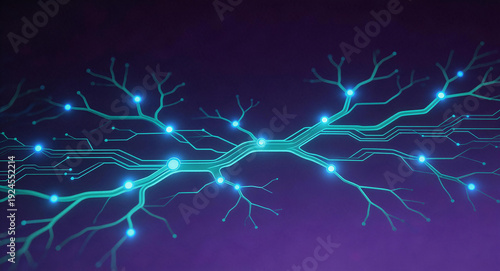 Abstract illustration of a neural network with lighted synapses and branches, set against a purple background. Represents artificial intelligence, brain function, and biological computing concepts.