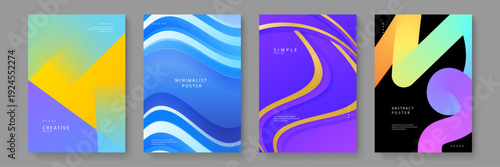 Collection of four colorful abstract posters with fluid shapes and vibrant gradients for modern graphic design projects