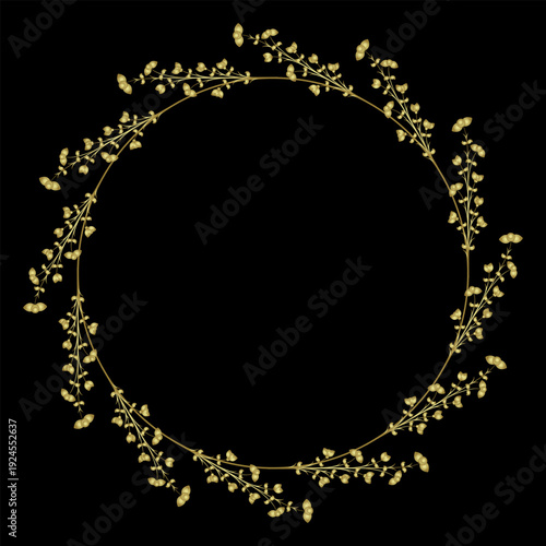 Round floral frame with blooming branches. Circular botanical border. Golden glossy silhouette on black background.