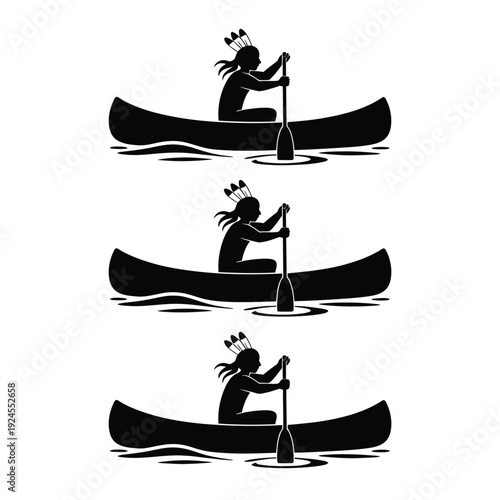 Native american paddling canoes in a minimalist black and white design