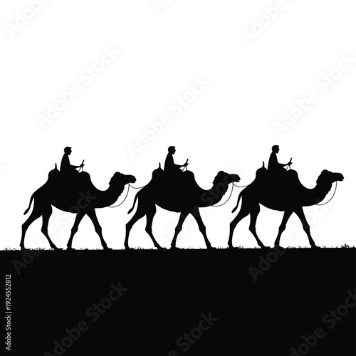 Silhouette of three camels and riders against a bright white background