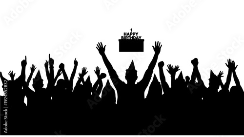 Silhouetted crowd celebrating with raised hands and cake in dramatic black and for party invitation Transparent Background