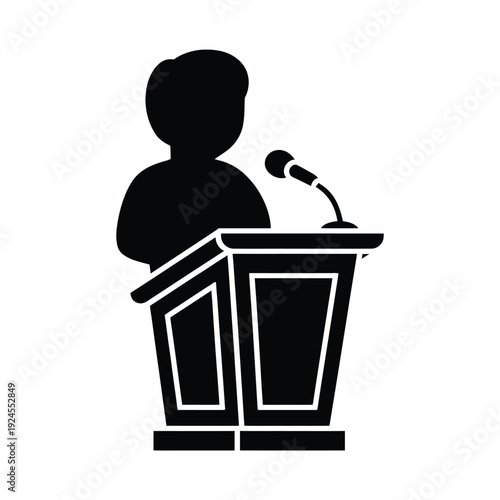 Simple black silhouette of a person speaking at a podium