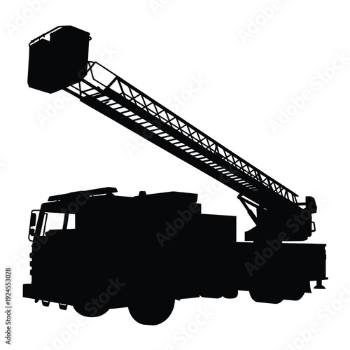 A black silhouette of a fire truck with an extended ladder