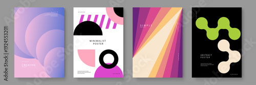 Four different abstract poster designs featuring circles lines and organic shapes with pink purple and green color palettes