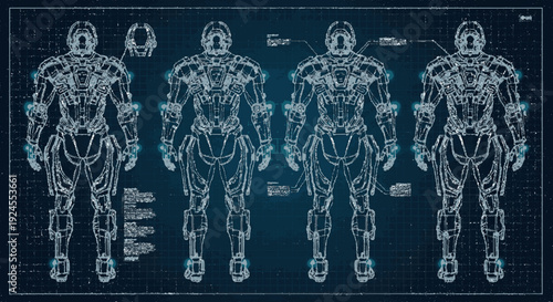 Human anatomy blueprints with four full body skeletal and muscular system views
