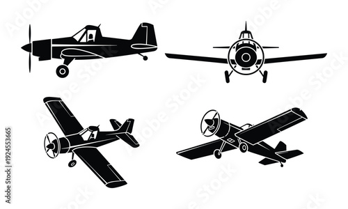 Airplane Vector Illustration: Four Single Engine Propeller Aircraft in Different Perspectives