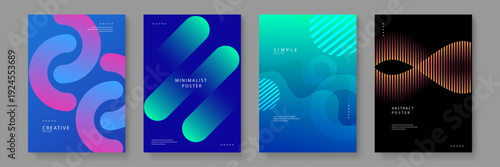 Professional collection of four vibrant posters featuring neon blue green and black abstract shapes with futuristic wave patterns