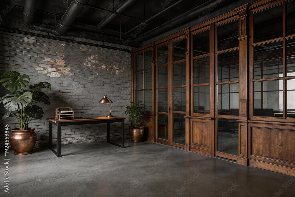 Fototapeta premium Interior of a modern industrial office with wooden glass cabinets, concrete floor, exposed brick wall, copper planters, and black metal desk lamp.
