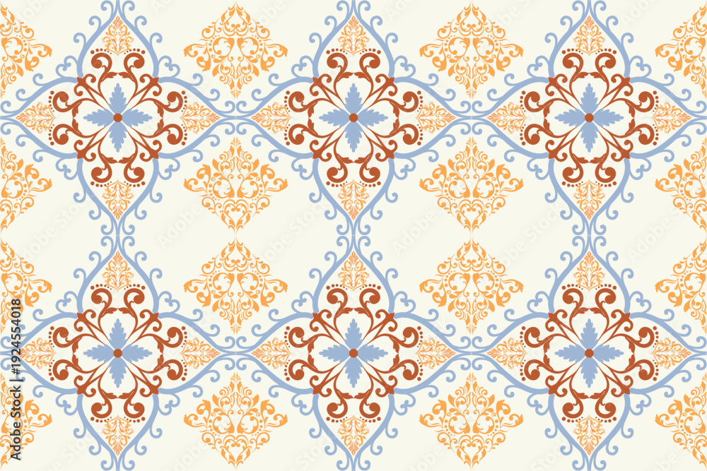 Fototapeta premium Floral oriental pattern concept showcasing detailed pattern elements inspired by classic oriental art. Design for textile, background, wallpaper, fabric, wrapping, carpet, and vector illustration.