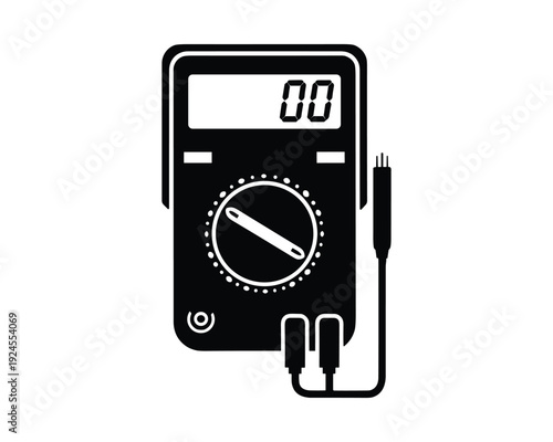 Black and white multimeter electrical measurement tool vector graphic, with probes and digital display showing zero value.