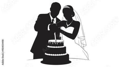 Bride and Groom Cutting Wedding Cake in Silhouette with Dramatic Lighting on for Invitation Design Transparent BACKGROUND