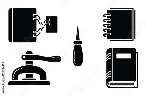 Bookbinding tools icon set: sewing frame, awl, book press, notebook and hardcover book in glyph style vector illustration