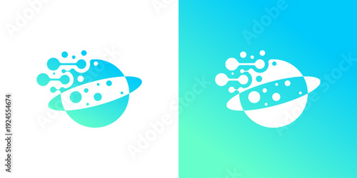 Dual meaning logo combining planet and technology elements, symbolizing global innovation, digital transformation, advanced systems, and a future-focused tech identity.