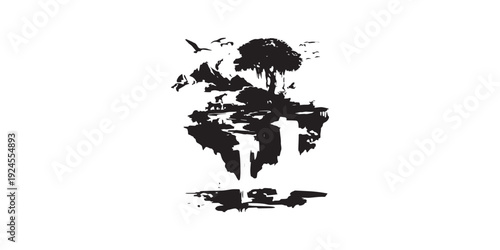 Abstract ink splash depicting a world map with birds flying.