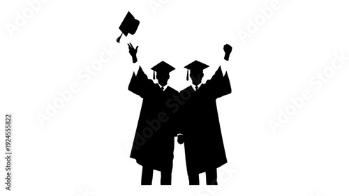 Graduates Celebrating Achievement Silhouette in Black Gown with Caps and Diplomas in Simple Flat Design for Education Transparent BACKGROUND