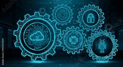 Glowing blue gears with cloud lock and robot icons in dark industrial background representing technology and innovation