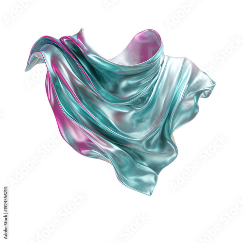 3d render of a fluid, metallic cloth in teal and pink colors, floating on a white background
