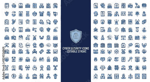 Cyber security icon editable infographic template with shield logo and various security symbols on white and dark blue background