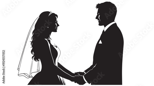 Bride and Groom Silhouette in Romantic Black and Illustration with Simple Elegant Design for Wedding Invitation Transparent BACKGROUND