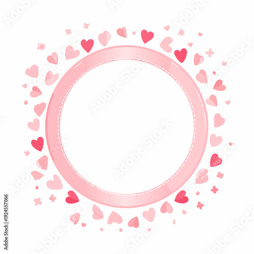 四隅にピンクリボンを添えた花びらとハートの円形フレーム