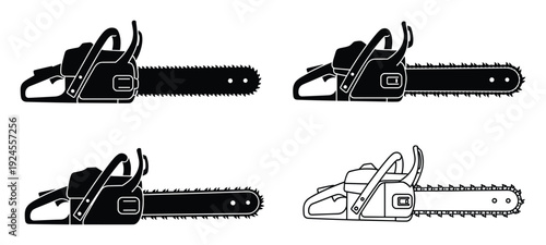 Chainsaw Vector Illustration Set in Black and White, Power Tool Sawing Equipment for Wood Cutting
