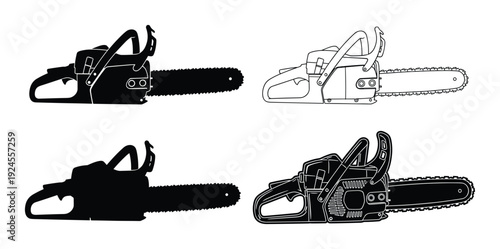 Chainsaw Illustrations Set, Black and Outline Chainsaw Design, Power Tool Vector Art, Chainsaw Equipment Images