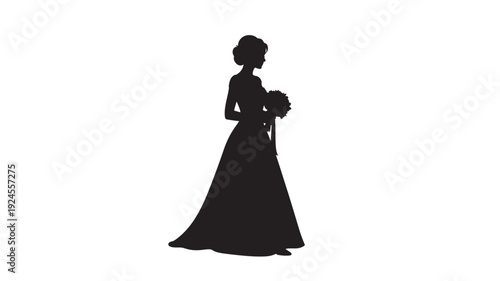 Bride silhouette with bouquet in elegant wedding dress in dark mysterious lighting on for wedding invitation Transparent BACKGROUND