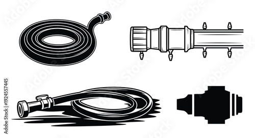 Coiled hoses and pipe fittings vector illustration, black and white plumbing elements with different shapes