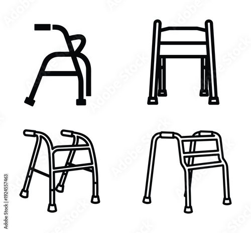 Collection of different style mobility walkers line art vectors for medical and rehabilitation design projects