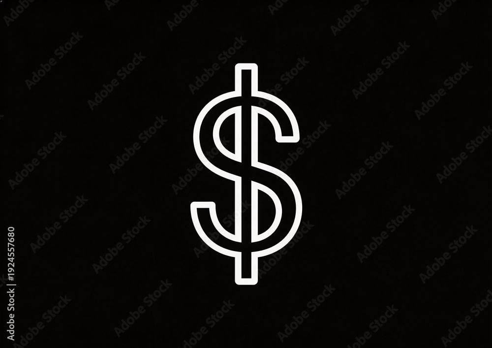 Obraz premium White dollar sign icon with black background. Simple, minimalist design, representing money, currency, finance, and business concepts. Isolated, monochrome line art for graphic resources.