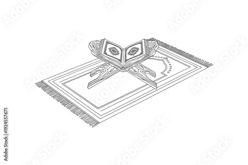 Holy quran on wooden stand over prayer rug vector illustration for islamic theme