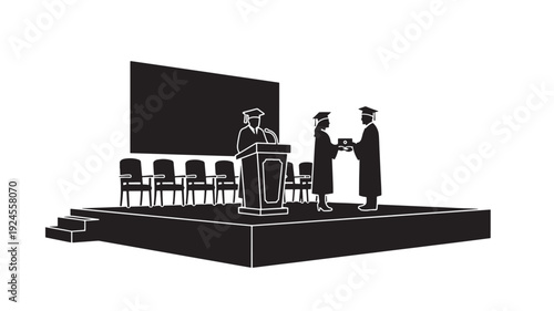 Graduation Ceremony Silhouette in Monochrome with Dramatic Lighting on Simple Stage for Educational Institution Transparent BACKGROUND