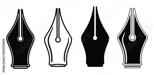 Fountain pen nib vector set. Four different pen nib illustrations in black and white.